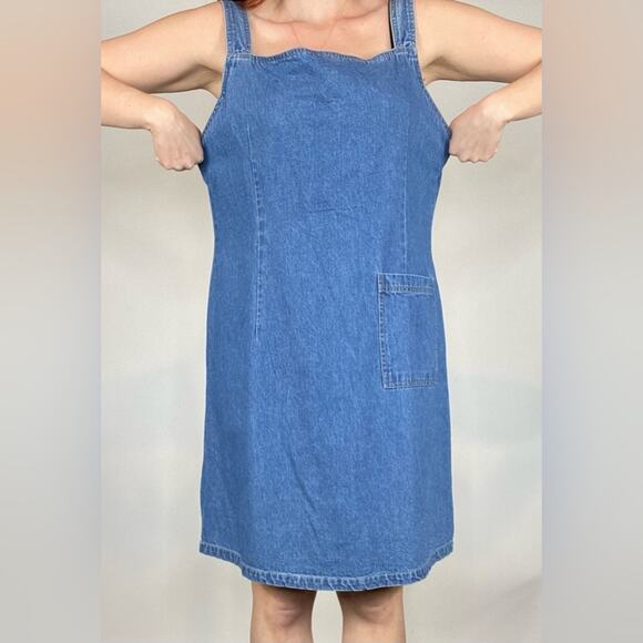Vintage 90s Large Medium Wash Chambray Cotton Denim Sleeveless Mini Summer Dress - Picture 5 of 8